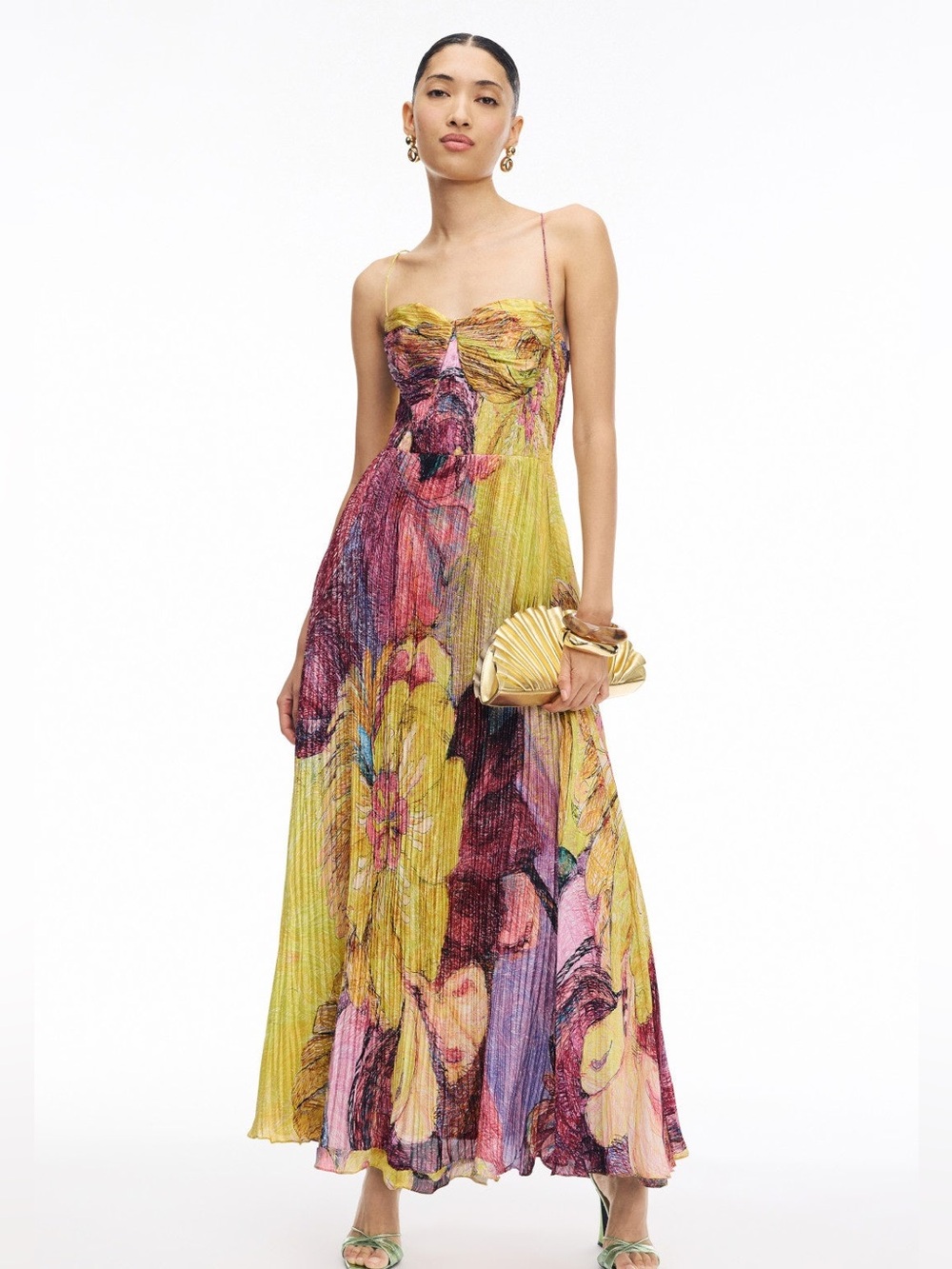 Spaghetti-Strap Floral Maxi Dress in Yellow and Pink